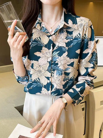 Floral Print Button Down Shirt, Elegant Long Sleeve