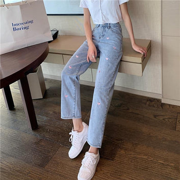 Pink Heart Embroidered Straight Fit Denim Jeans