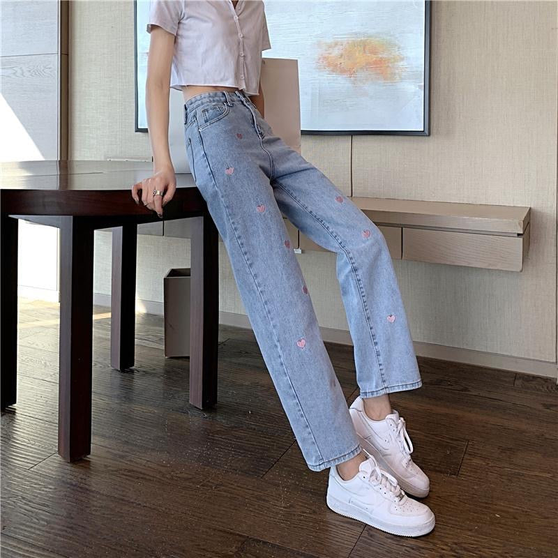 Pink Heart Embroidered Straight Fit Denim Jeans