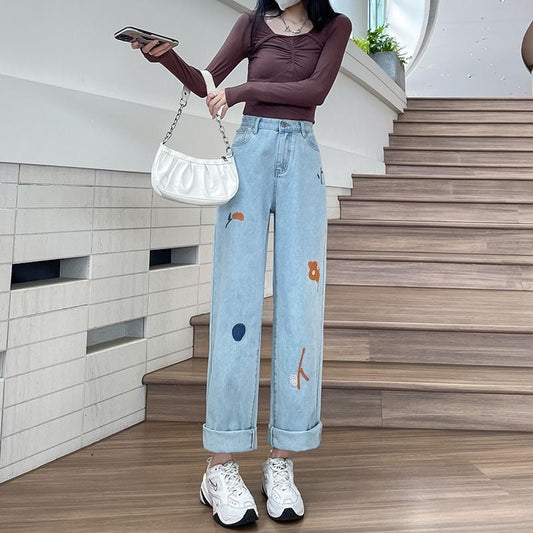 Doodle Embroidered Straight Fit Denim Jeans