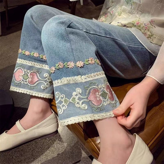 Vintage Floral Embroidered Denim Pants